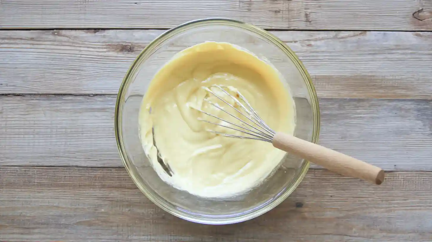 whisk-creamy-dressing-amish-potato-salad Whisking mayonnaise, mustard, sugar, and vinegar for Creamy Amish Potato Salad Recipe