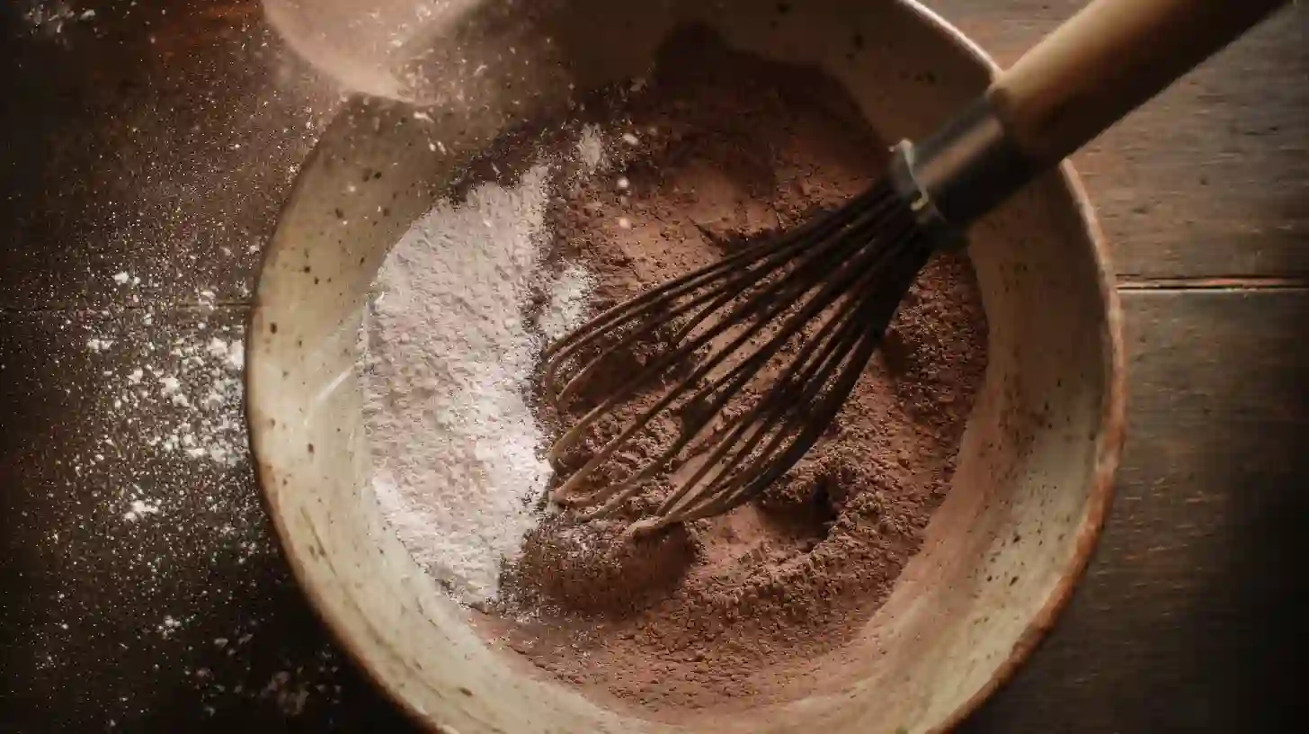 whisk-dry-ingredients-chocolate-crackers Whisking cocoa, flour, baking soda, and salt in a mixing bowl