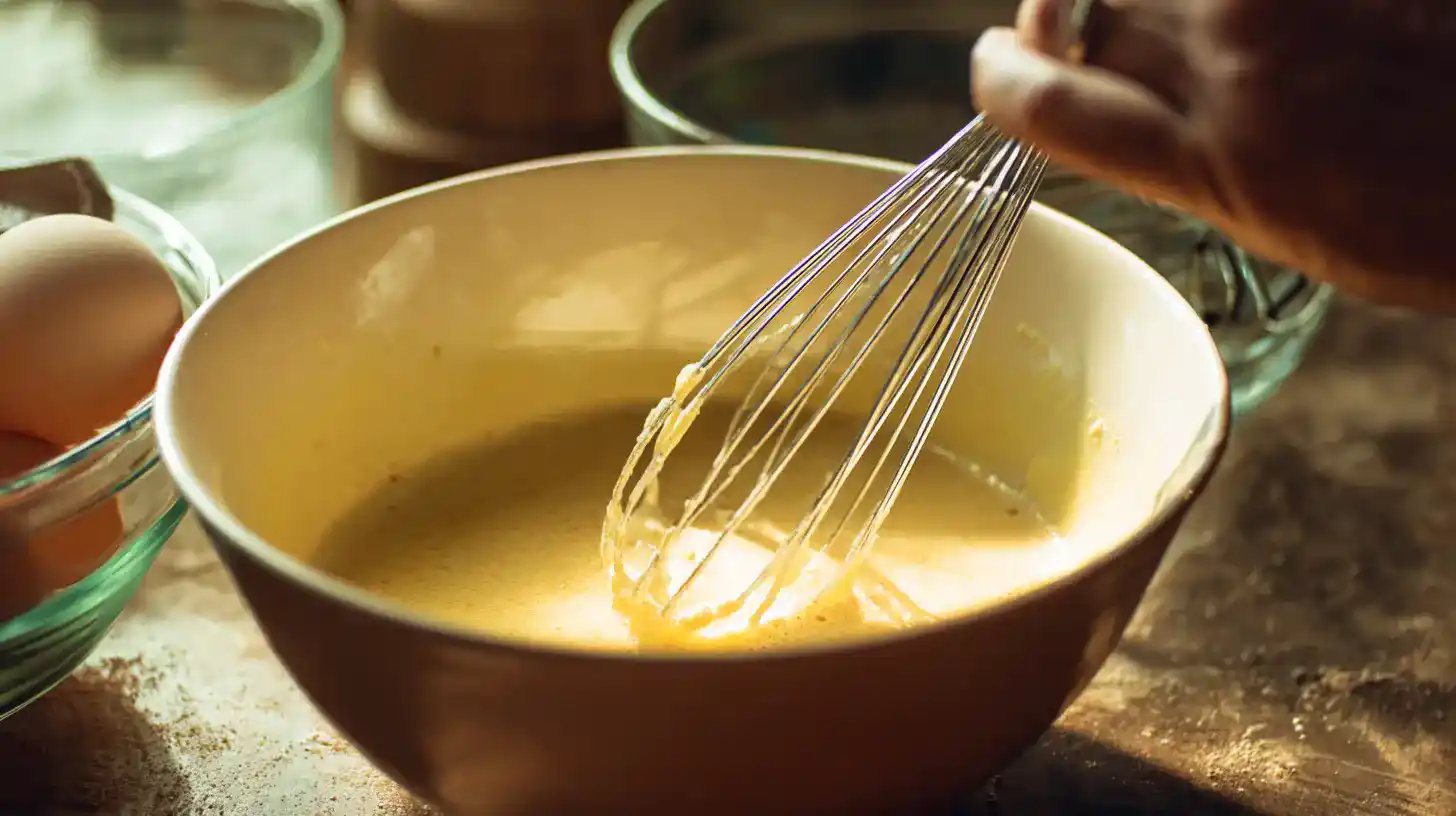 whisk-egg-mixture-chile-relleno-casserole Whisking eggs, milk, and spices for chile relleno casserole