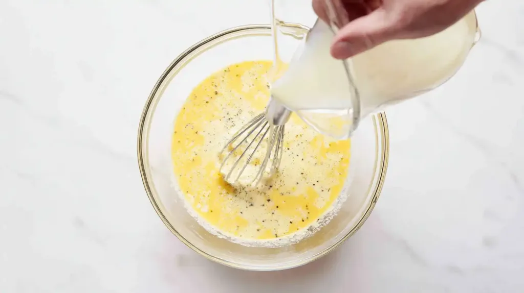 Whisked egg mixture for poblano casserole – high-AdSense cheesy egg bake with milk, flour, and spices