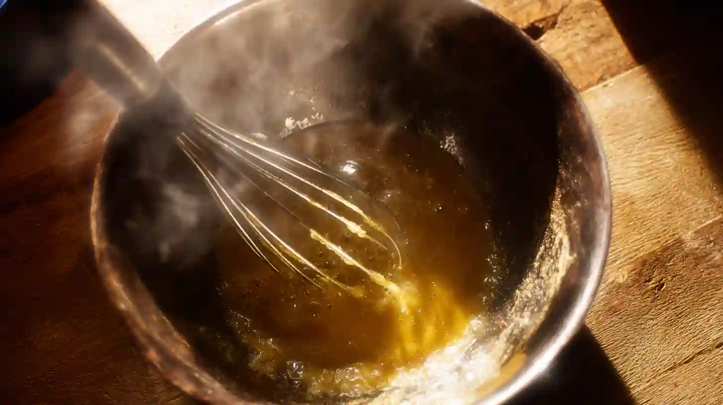 whisking-butter-brown-sugar-cookie-bars whisking melted butter and brown sugar for homemade cookie bar recipes