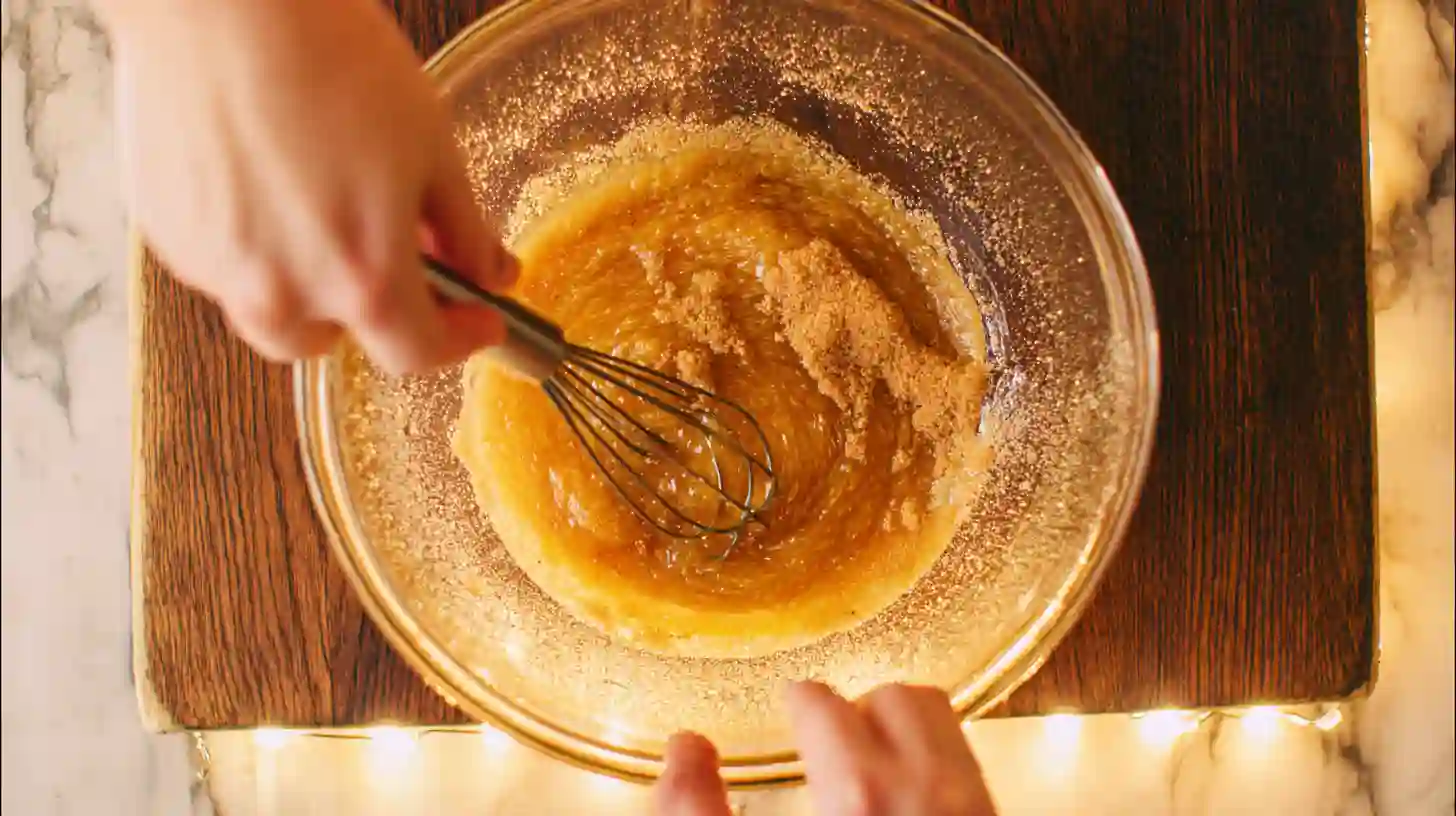 whisking-butter-brown-sugar-cookie-bars Mixing melted butter and brown sugar for cookie bars