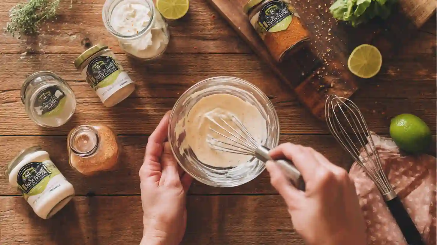 whisking-creamy-lime-dressing-for-mexican-coleslaw Whisking creamy taco lime dressing for Layered Mexican Coleslaw Tomato Corn Salad with sour cream and mayonnaise