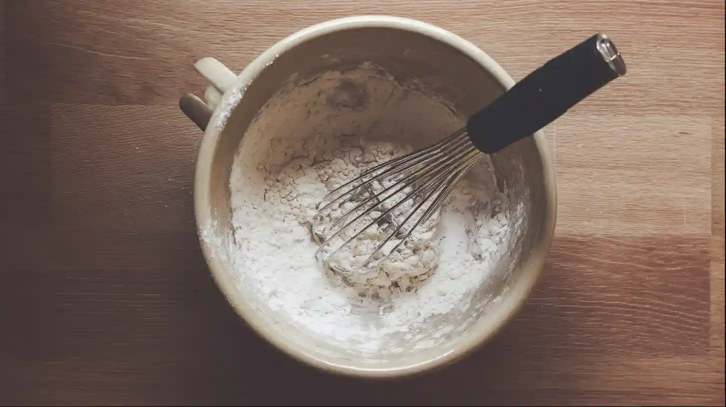 whisking-dry-ingredients-cookie-recipe Whisking flour, cornstarch, baking soda, and salt for cookie dough