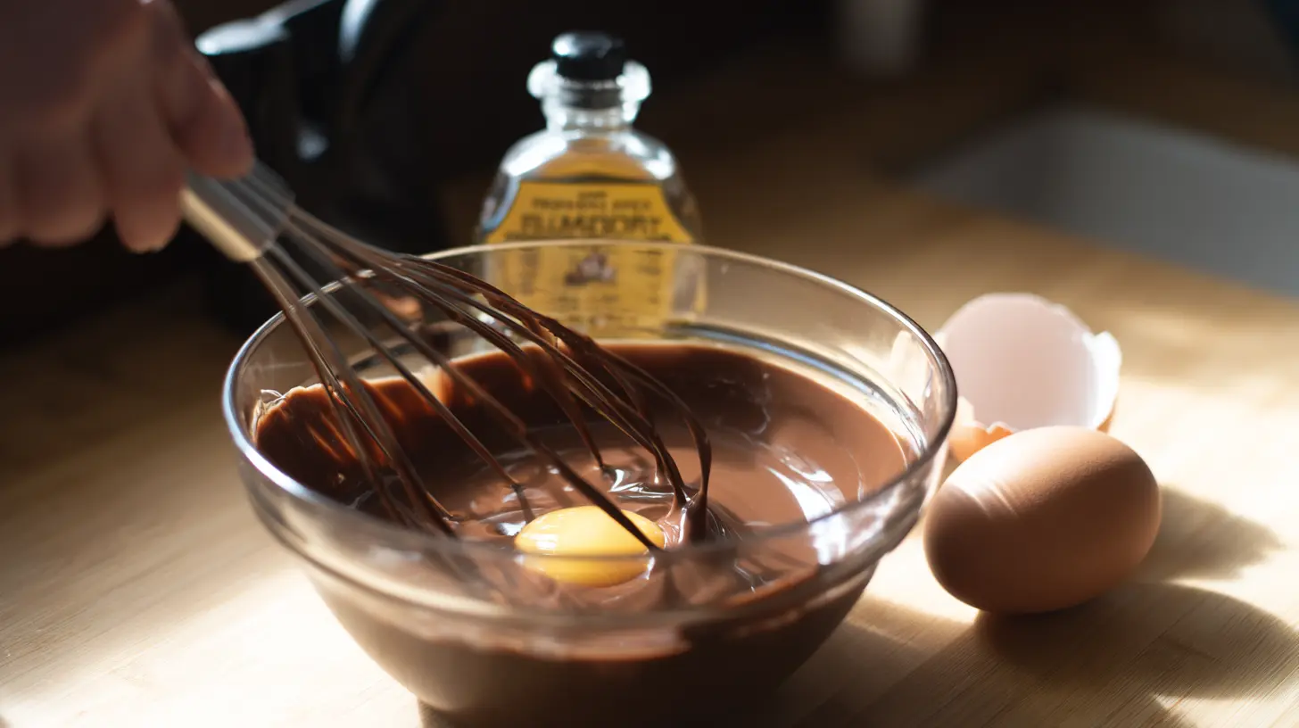 whisking-eggs-vanilla-brownie-muffins whisking eggs and vanilla into brownie batter