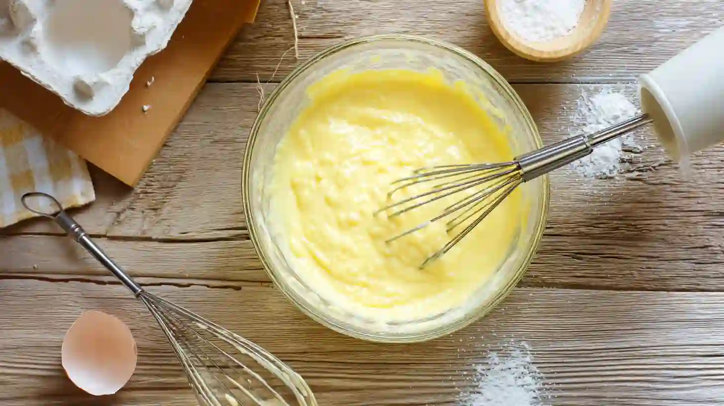 whisking-lemon-pudding-evaporated-milk Whisking lemon pudding mix and evaporated milk in a bowl
