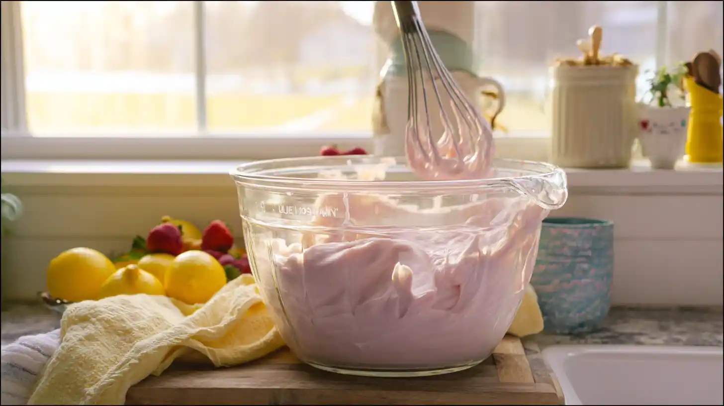 whisking-pink-lemonade-fluff-salad-step1 whisking Cool Whip, lemon pudding, and pink lemonade for no bake dessert with fruit.potluck salad recipes with fruit