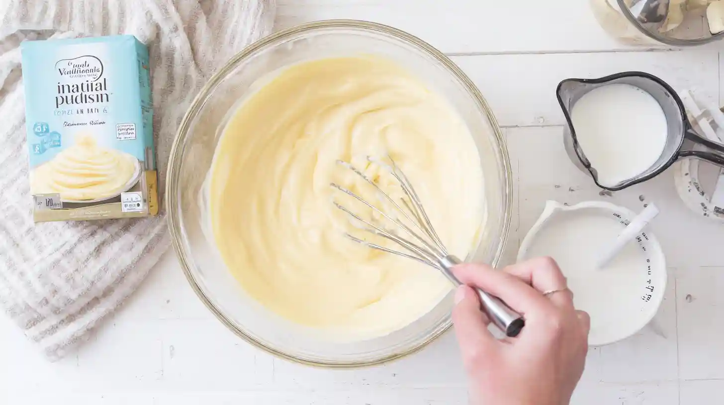whisking-vanilla-pudding-layer-strawberry-banana Whisking vanilla pudding mix with milk for banana pudding layer
