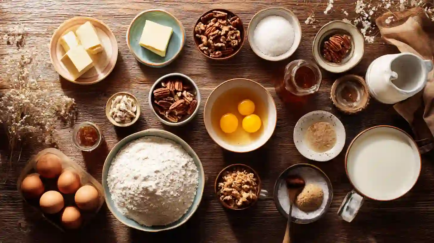 Crème-Brûlée-caramel-pecan-cake-ingredients-Image Crème Brûlée Caramel Pecan Cake ingredients – best pecan desserts for the holidays