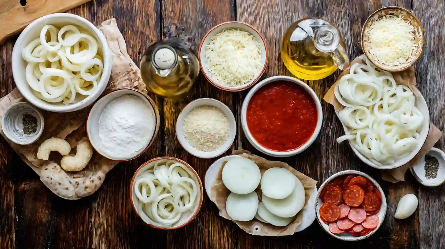 Ingredients-Image-stuffed-pizza-onion-rings Ingredients for stuffed pizza onion rings recipe including onions, mozzarella, pepperoni, breadcrumbs, and marinara — perfect for easy dinner recipes for families and quick and cheap meals