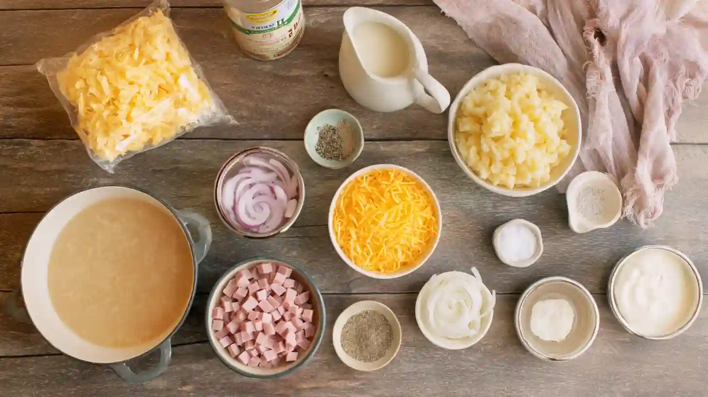 Quick-cheesy-ham-and -potato-casserole-ingredients-layout Quick Cheesy Ham and Potato Casserole ingredients – frozen hash browns, cream of chicken soup, sour cream, cheddar cheese, easy dinner recipe for families.