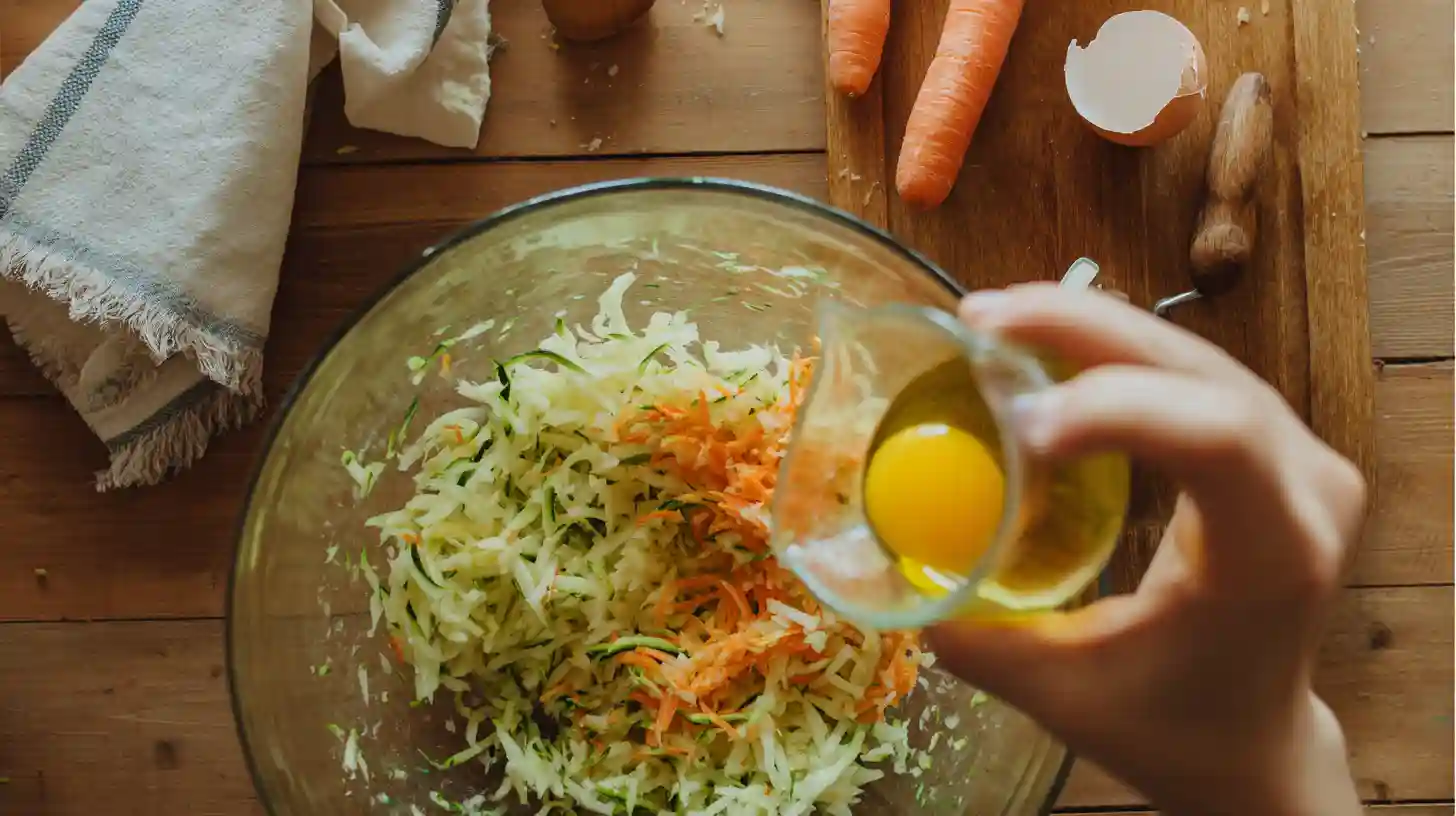 add-eggs-oil-zucchini-vegetable-muffins Adding eggs and oil to grated vegetables forZucchini Potato Carrot and Cheese Muffins – perfect for easy vegetable muffin recipes and quick family snacks