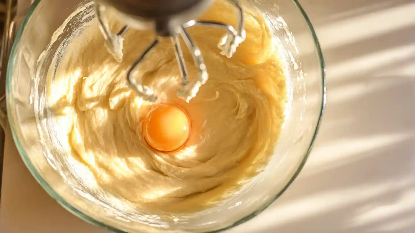 add-eggs-southern-peach-pound-cake adding eggs one by one to butter-sugar mixture for Southern Peach Buttermilk Pound Cake, baking tips for smooth batter, quick homemade cakes for parties