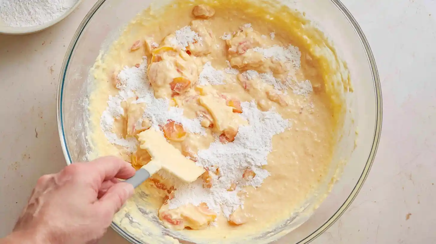 add-peaches-extracts-southern-peach-pound-cake folding flour-coated peaches and extracts into Southern Peach Buttermilk Pound Cake batter, baking tips for even fruit distribution, easy holiday dessert ideas