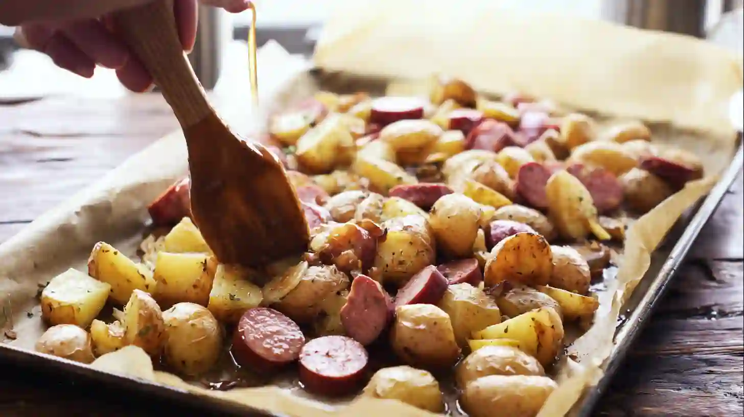 add-sausage-glaze-sweet-savory-potatoes Adding smoked sausage and sweet glaze to roasted potatoes for Sweet and Savory Glazed Sausage and Potatoes – easy sheet pan dinner recipe.