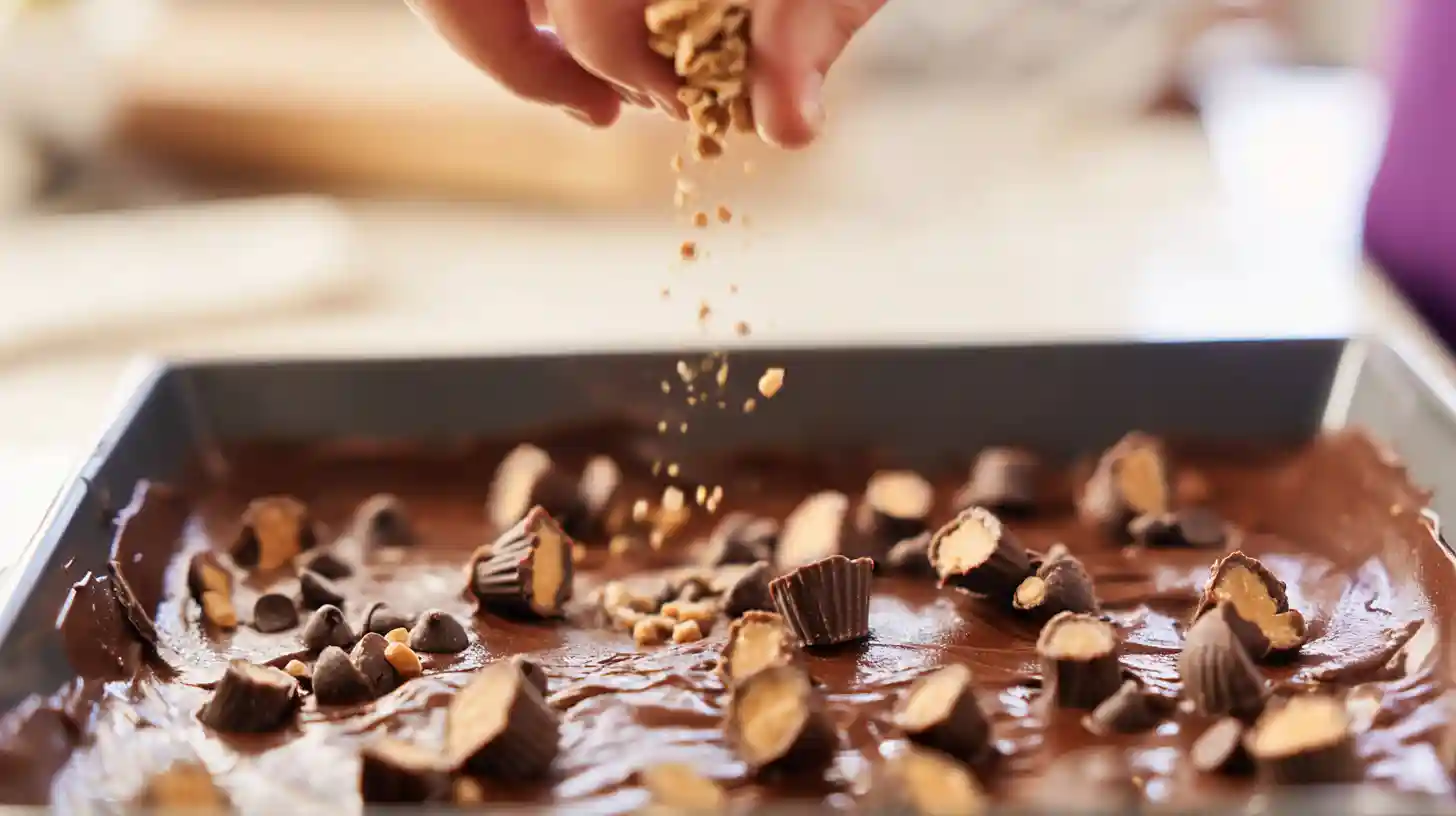 add-toppings-peanut-butter-cup-dump-cake Scattering peanut butter cups and chocolate chips on cake batter for peanut butter cup dump cake delight, a quick and easy peanut butter dessert perfect for families