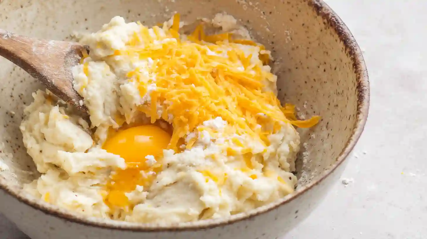 adding-binding-ingredients-potato-nests Mixing egg, cheese, and flour into mashed potatoes for stuffed mashed potato nests recipe, a high-protein potato recipe and quick and cheap meal