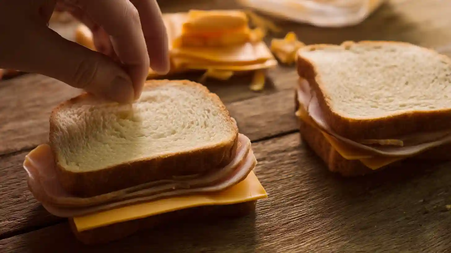 adding-cheese-bacon-wrapped-grilled-cheese Placing cheese and ham between bread for Bacon-Wrapped Grilled Cheese Fingers recipe, perfect for family-friendly sandwich recipes and best cheese for grilled cheese ideas