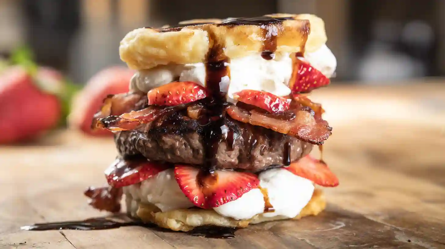 assemble-bacon-strawberry-shortcake-burger-step Stacking the Bacon Strawberry Shortcake Burger with whipped cream and strawberries – best bacon and berry burger idea for summer family dinners
