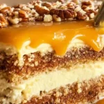 Assembling Crème Brûlée Caramel Pecan Cake with layers of cream, pecans, and caramel glaze – homemade festive cakes