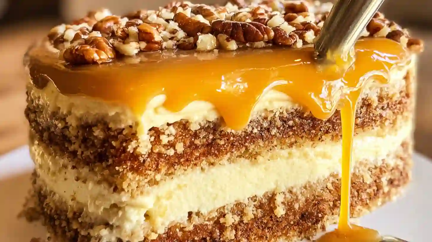 assemble-creme-brulee-caramel-pecan-cake Assembling Crème Brûlée Caramel Pecan Cake with layers of cream, pecans, and caramel glaze – homemade festive cakes