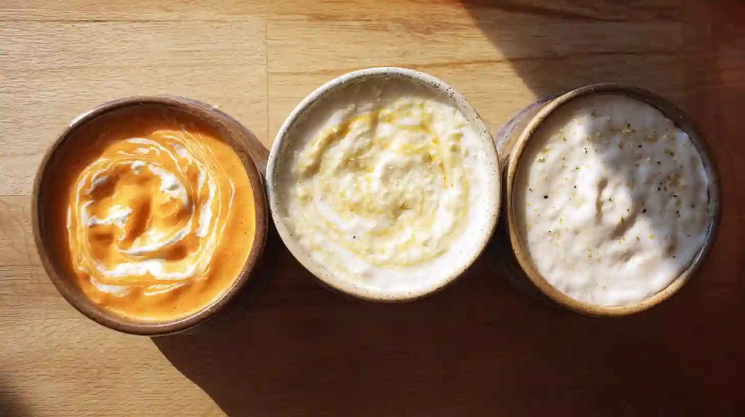 bacon-cheeseburger-lasagna-sauce-options Three lasagna sauce options — rich tomato-cheddar alfredo, creamy beer cheese sauce, and light Greek yogurt parmesan sauce on rustic wooden counter.