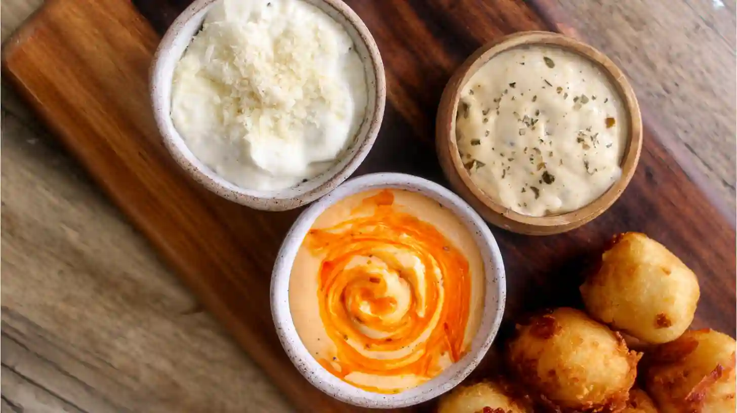 bacon-cheeseburger-loaded-mozzarella-stick-bombs-dipping-sauces Garlic Parmesan ranch, chipotle mayo, and classic burger sauce dips with Bacon Cheeseburger Loaded Mozzarella Stick Bombs family-friendly appetizer