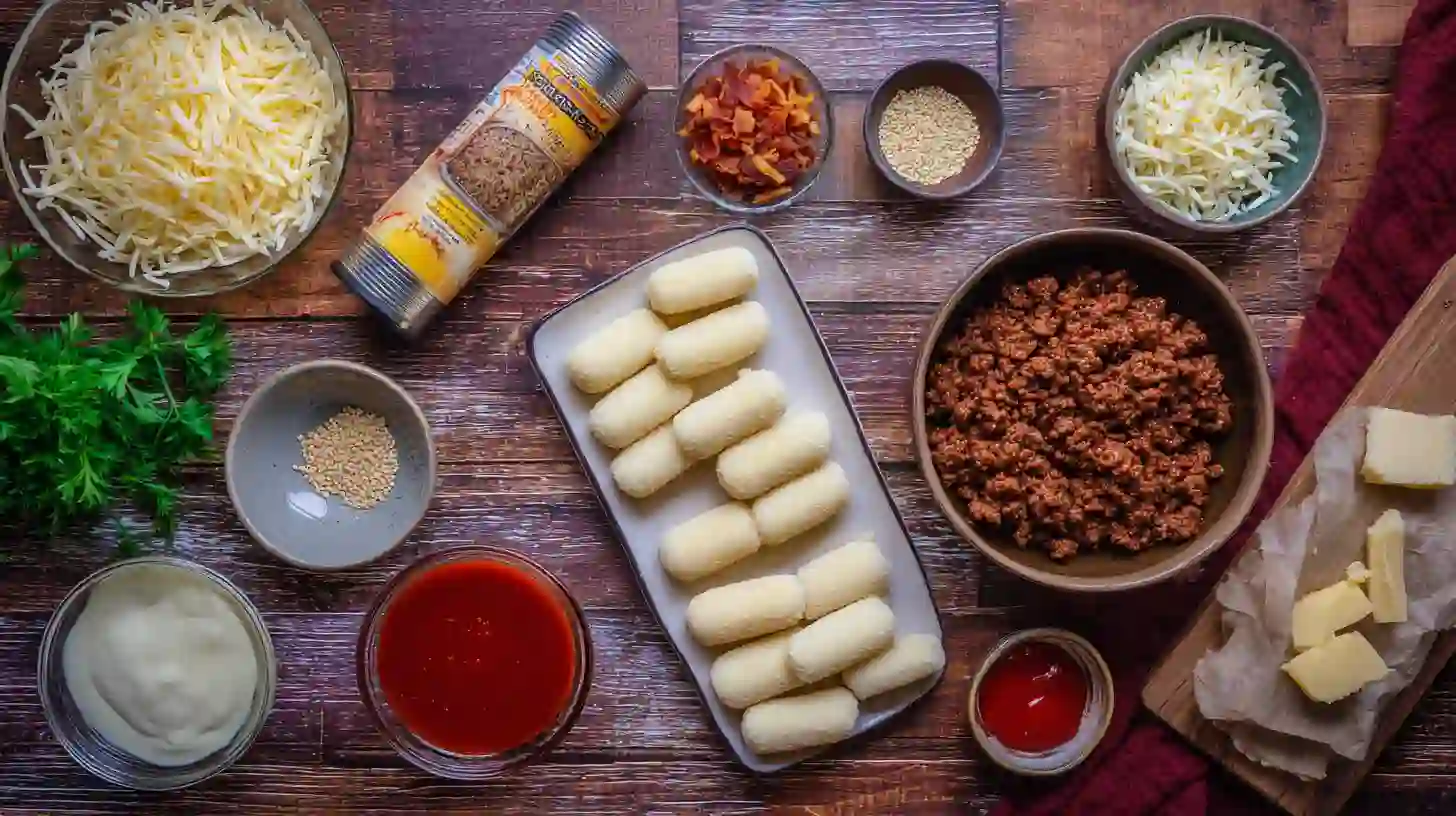 bacon-cheeseburger-loaded-mozzarella-stick-bombs-ingredients Ingredients for Bacon Cheeseburger Loaded Mozzarella Stick Bombs with beef, bacon, cheese, and biscuit dough