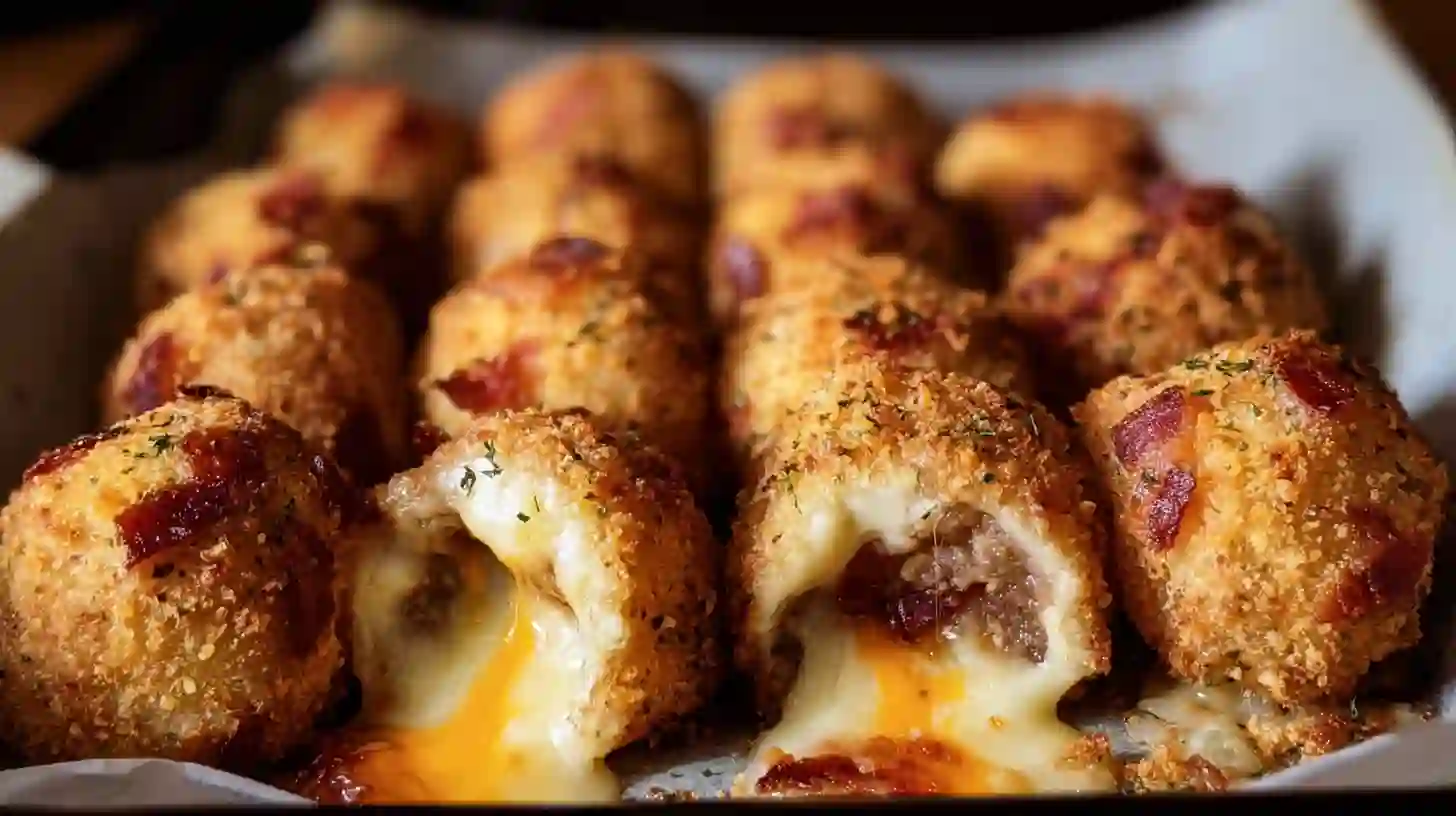 bacon-cheeseburger-loaded-mozzarella-stick-bombs-step6 Golden baked Bacon Cheeseburger Loaded Mozzarella Stick Bombs fresh from the oven family-friendly comfort food recipe