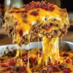 Bacon Cheeseburger Sheet Lasagna topped with crispy bacon and cheddar cheese before final bake — ultimate cheesy family casserole.