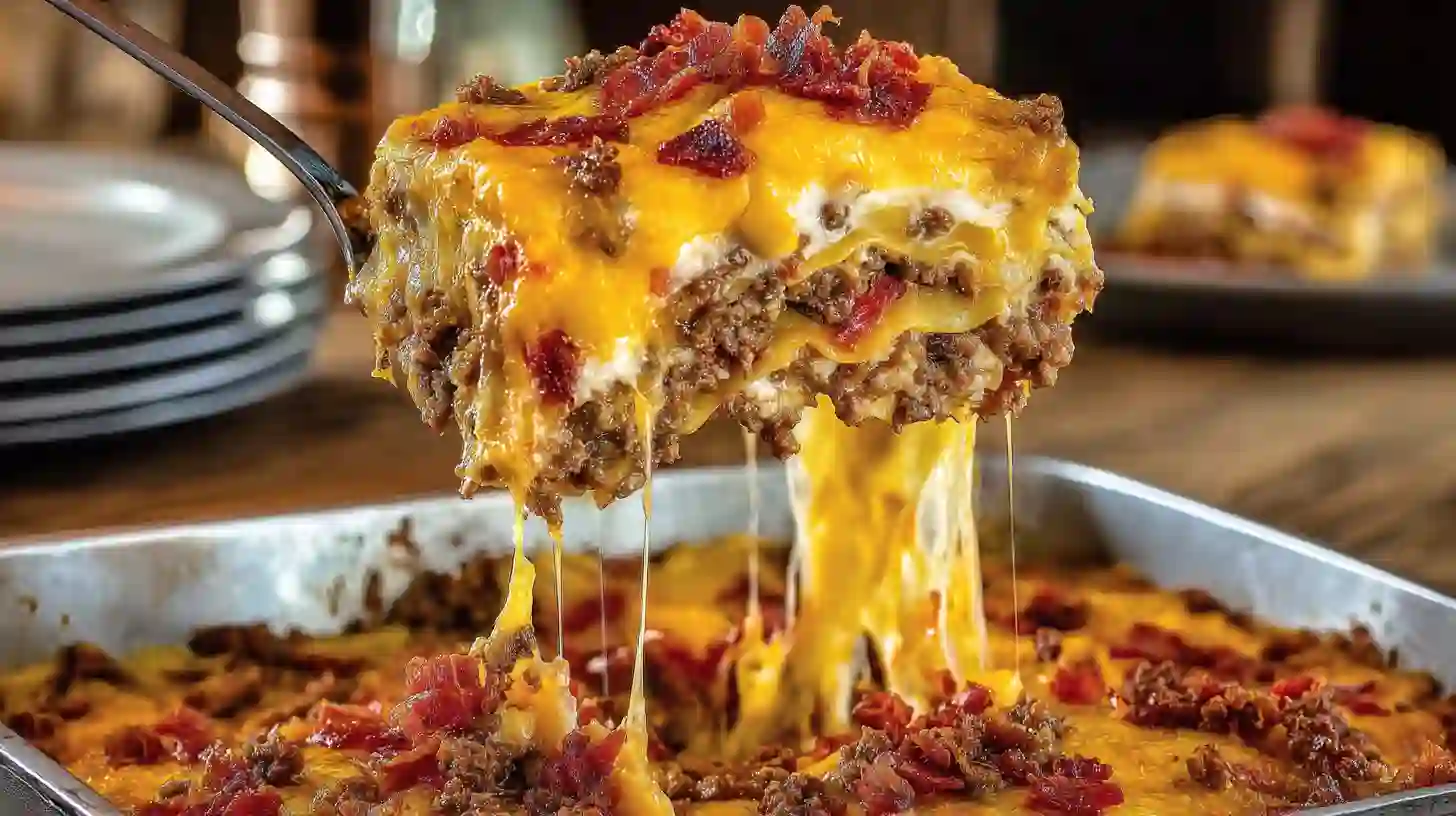 bacon-cheeseburger-sheet-lasagna-bacon-cheese-finish Bacon Cheeseburger Sheet Lasagna topped with crispy bacon and cheddar cheese before final bake — ultimate cheesy family casserole.