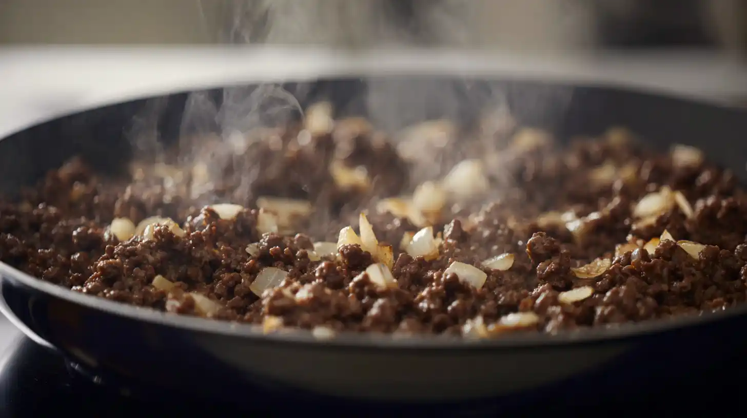 bacon-cheeseburger-sheet-lasagna-cook-beef-onions Close-up of ground beef and onions cooking in skillet for Bacon Cheeseburger Sheet Lasagna — easy family dinner casseroles and high-protein ground beef recipes.