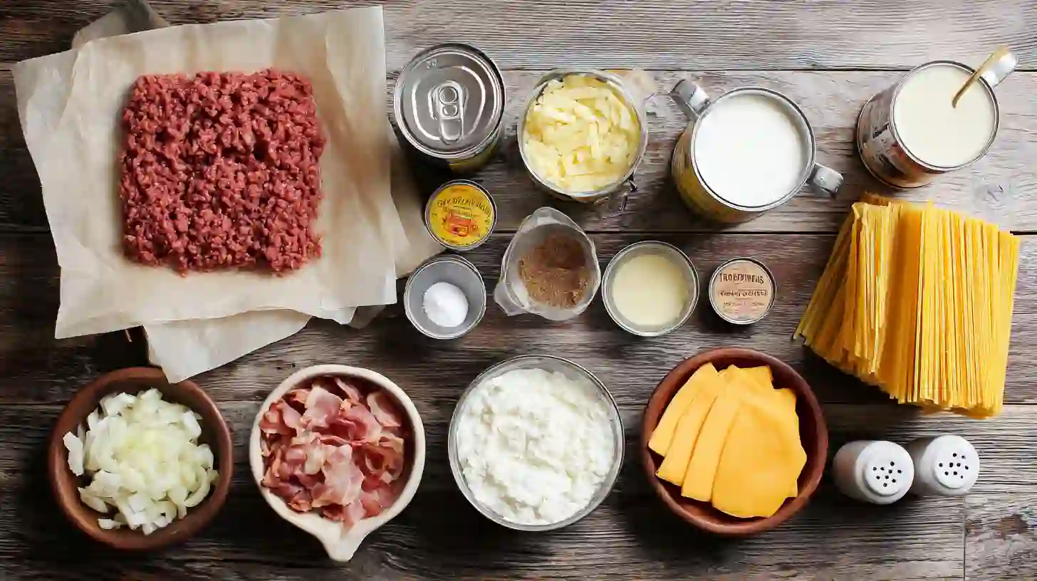 bacon-cheeseburger-sheet-lasagna-easy-baked-pasta-ingredients-Image Bacon Cheeseburger Sheet Lasagna ingredients including lean ground beef, crispy bacon, cheddar cheese soup, ricotta, and oven-ready noodles – perfect for easy baked pasta dinners.