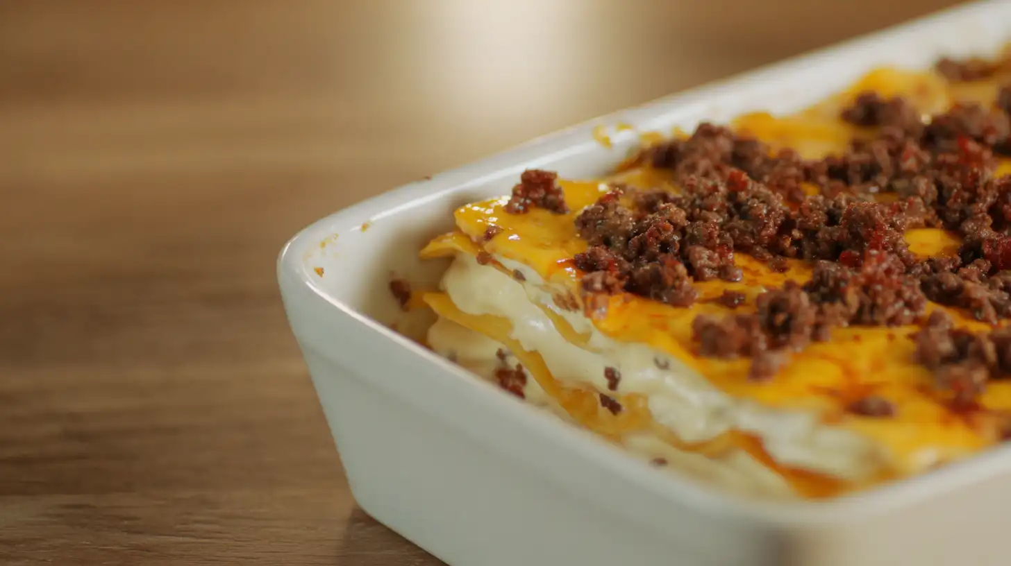 bacon-cheeseburger-sheet-lasagna-second-layer-cheese-beef Second layer of Bacon Cheeseburger Sheet Lasagna with noodles, creamy ricotta bacon blend, cheddar sauce, and beef for an easy sheet pan cheeseburger casserole.