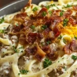Loaded bacon cheeseburger Alfredo pasta topped with crispy bacon and fresh parsley, served hot for the ultimate comfort food dinner