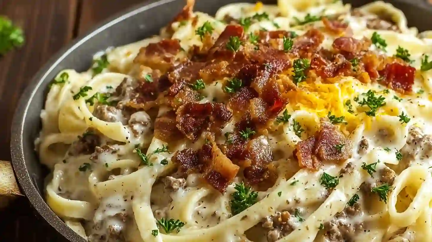 bacon-parsley-topping-loaded-bacon-cheeseburger-alfredo Loaded bacon cheeseburger Alfredo pasta topped with crispy bacon and fresh parsley, served hot for the ultimate comfort food dinner