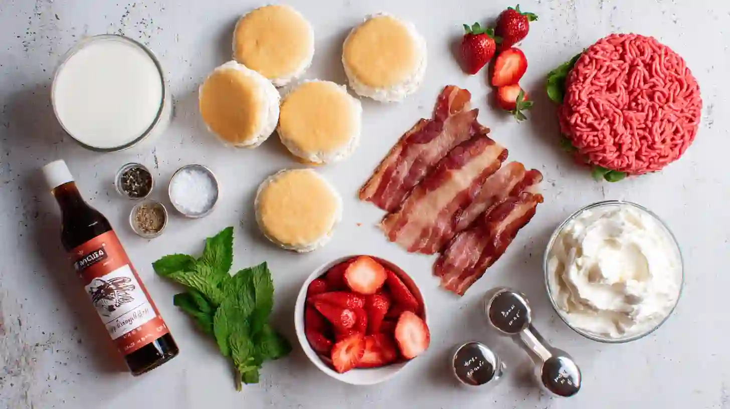 bacon-strawberry-shortcake-burger-ingredients Bacon Strawberry Shortcake Burger ingredients with fresh strawberries, ground beef, shortcake biscuits, and crispy bacon for easy family dinners