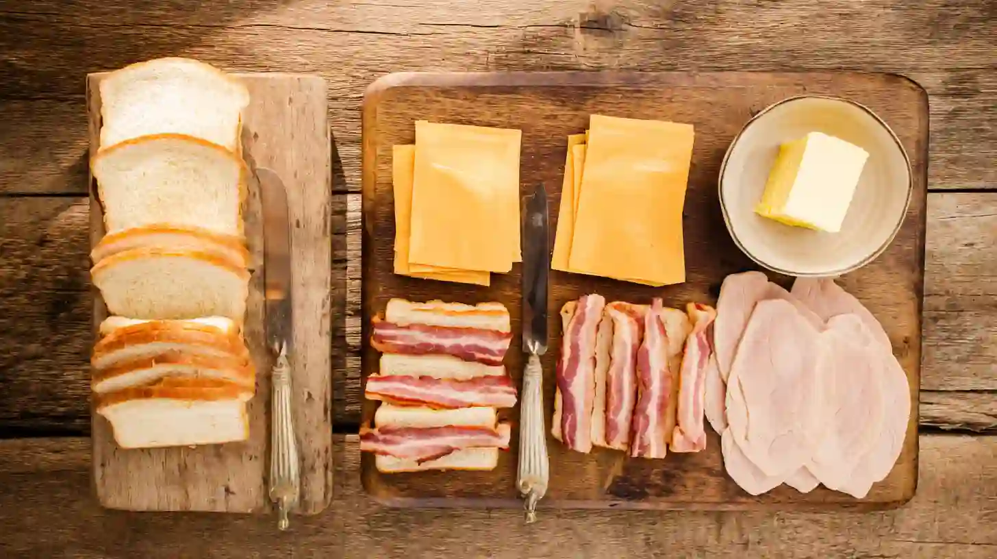 bacon-wrapped-grilled-cheese-fingers-ingredients-Image Ingredients for Bacon-Wrapped Grilled Cheese Fingers recipe including bread, cheese, bacon, butter, and ham, perfect for family-friendly sandwich recipes and easy bacon appetizers for parties