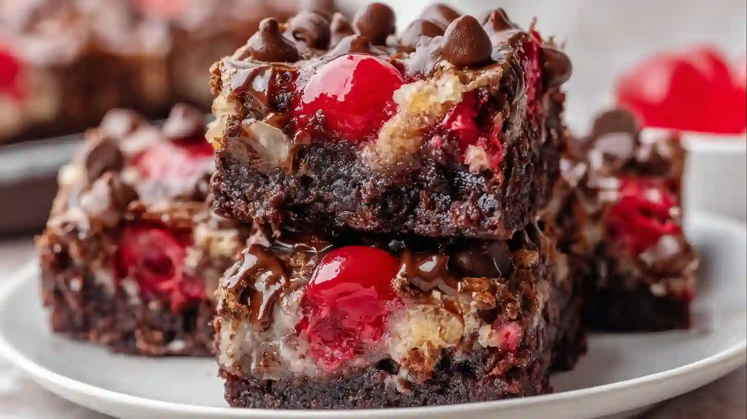 Freshly baked Chocolate Covered Cherry Magic Bars recipe with golden edges and soft center – perfect easy dessert recipes for families and rich chocolate treats for parties