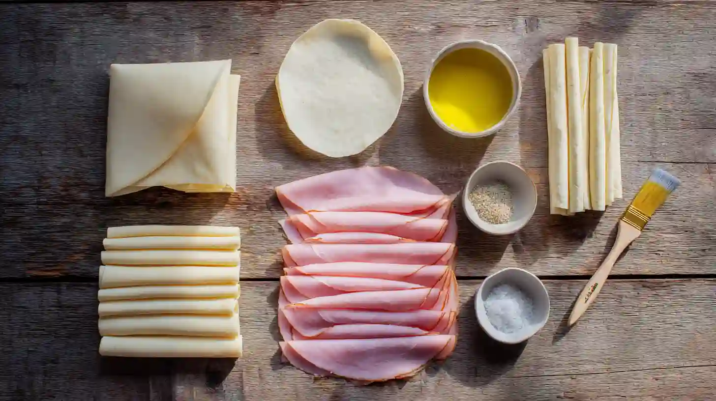 baked-ham-cheese-mozzarella-sticks-ingredients Baked Ham Cheese Mozzarella Sticks ingredients – eggroll wrappers, honey ham, mozzarella sticks, olive oil, and garlic salt for quick family appetizers.