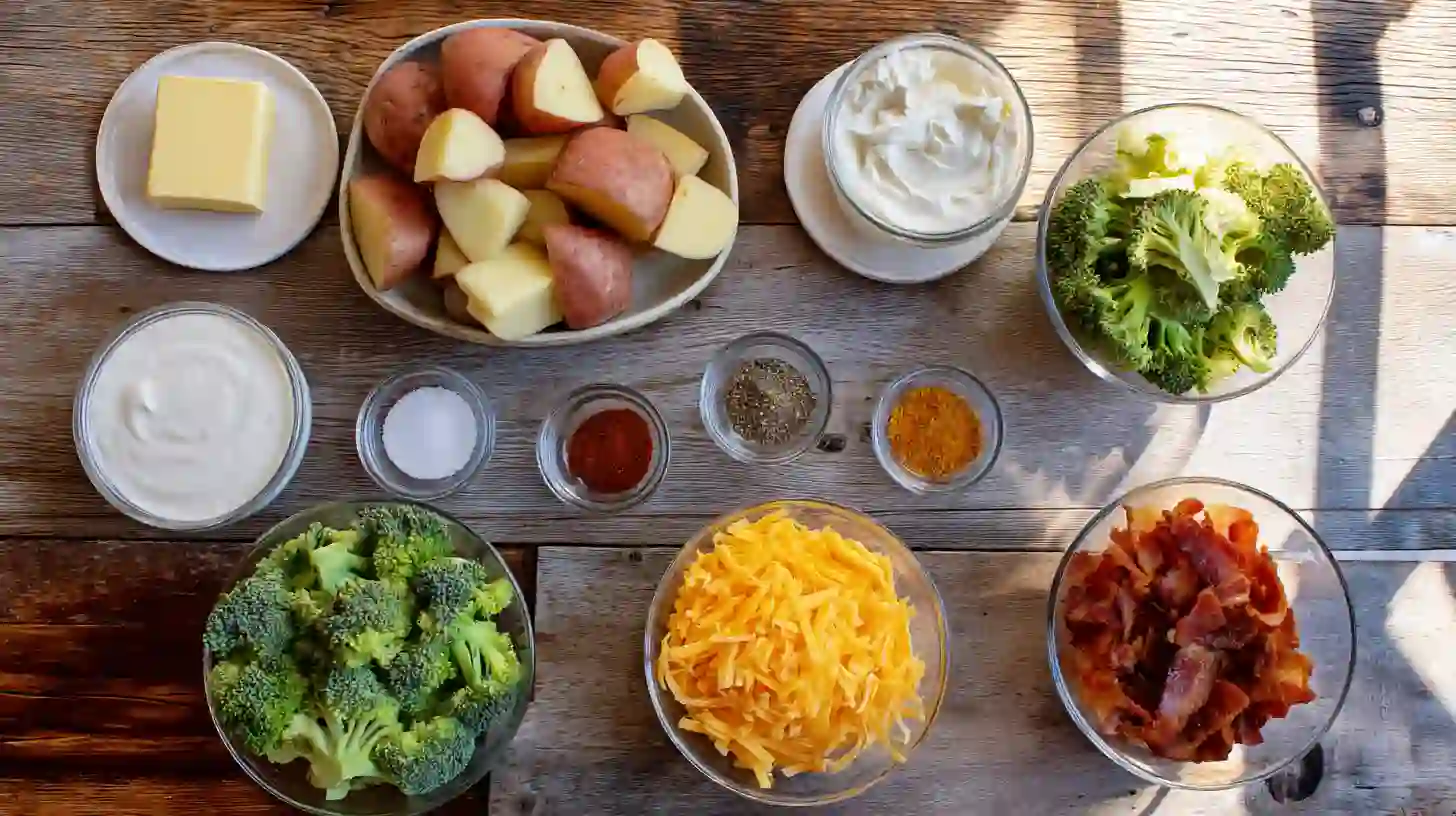 baked-potato-chicken-and-broccoli-casserole-ingredients-Image Ingredients for baked potato chicken and broccoli casserole – red potatoes, cheese, bacon, broccoli, and creamy seasonings for easy family dinner recipe