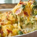 Baked potato chicken and broccoli casserole topped with cheddar cheese before baking – cheesy family dinner recipe