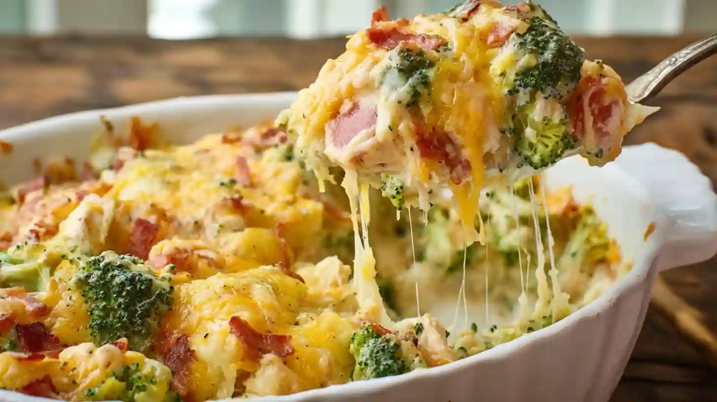 baked-potato-chicken-broccoli-casserole-topped-with-cheese-step6 Baked potato chicken and broccoli casserole topped with cheddar cheese before baking – cheesy family dinner recipe