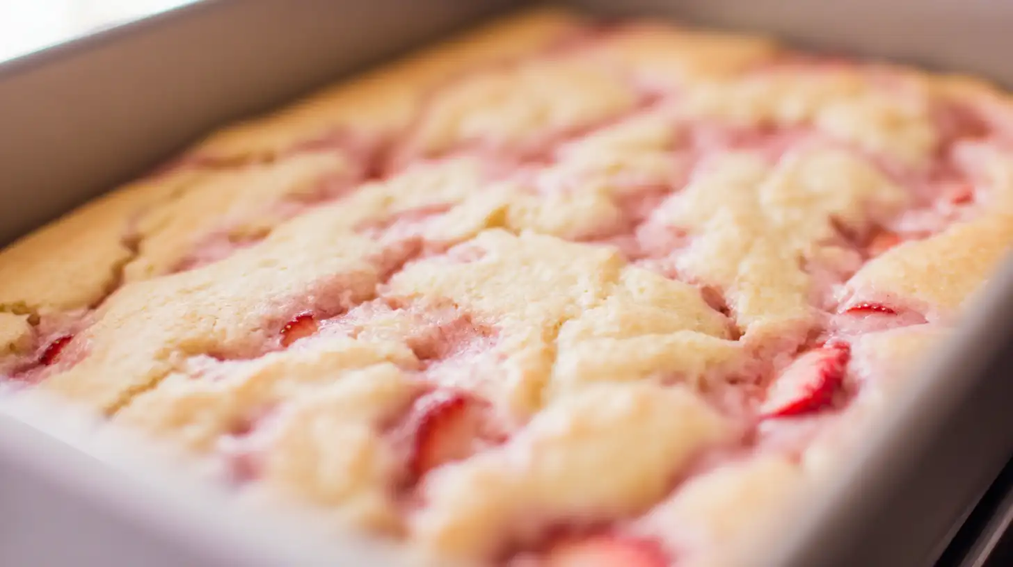 baked-strawberry-honey-bun-cake-step-3 Freshly baked strawberry honey bun cake with golden edges, pink fluffy crumb, and cinnamon swirl – best easy strawberry dessert recipe for families.