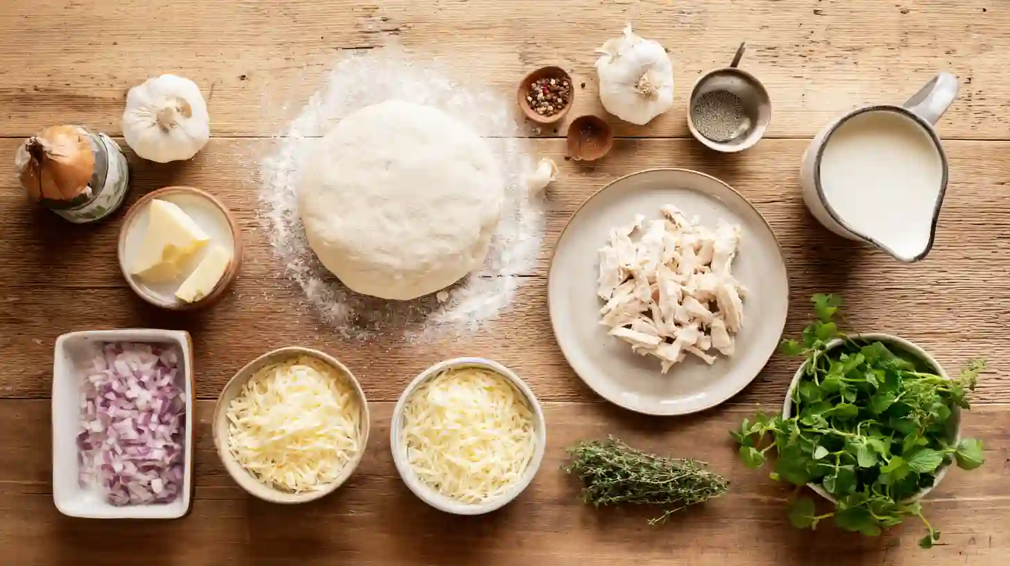 best-roasted-garlic-white-chicken-pizza-ingredients-Image Best roasted garlic white chicken pizza ingredients – fresh dough, roasted garlic, shredded chicken, creamy cheese for easy homemade Italian recipes.