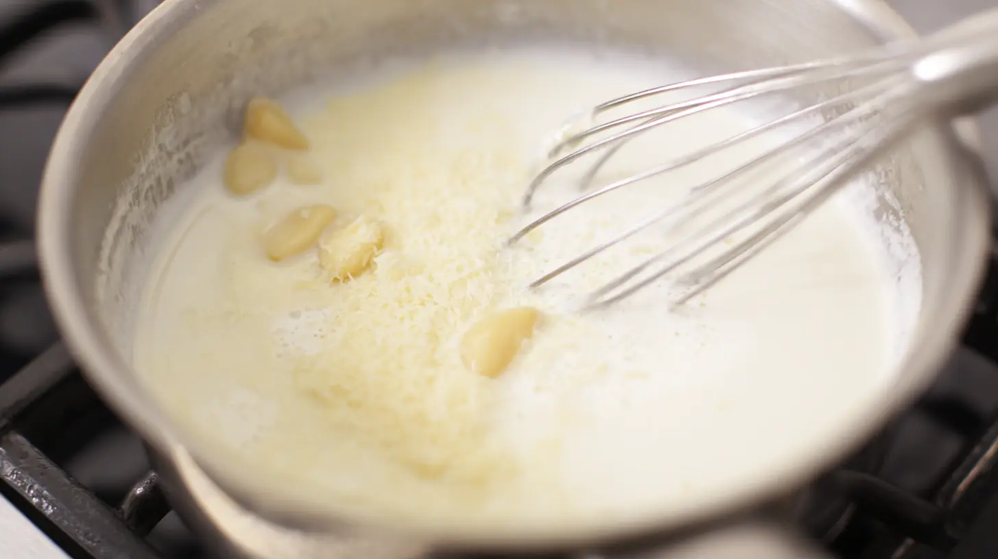 best-roasted-garlic-white-chicken-pizza-step2-garlic-white-sauce Best roasted garlic white chicken pizza creamy white sauce with butter, roasted garlic, Parmesan, and milk – easy homemade Italian recipe base.