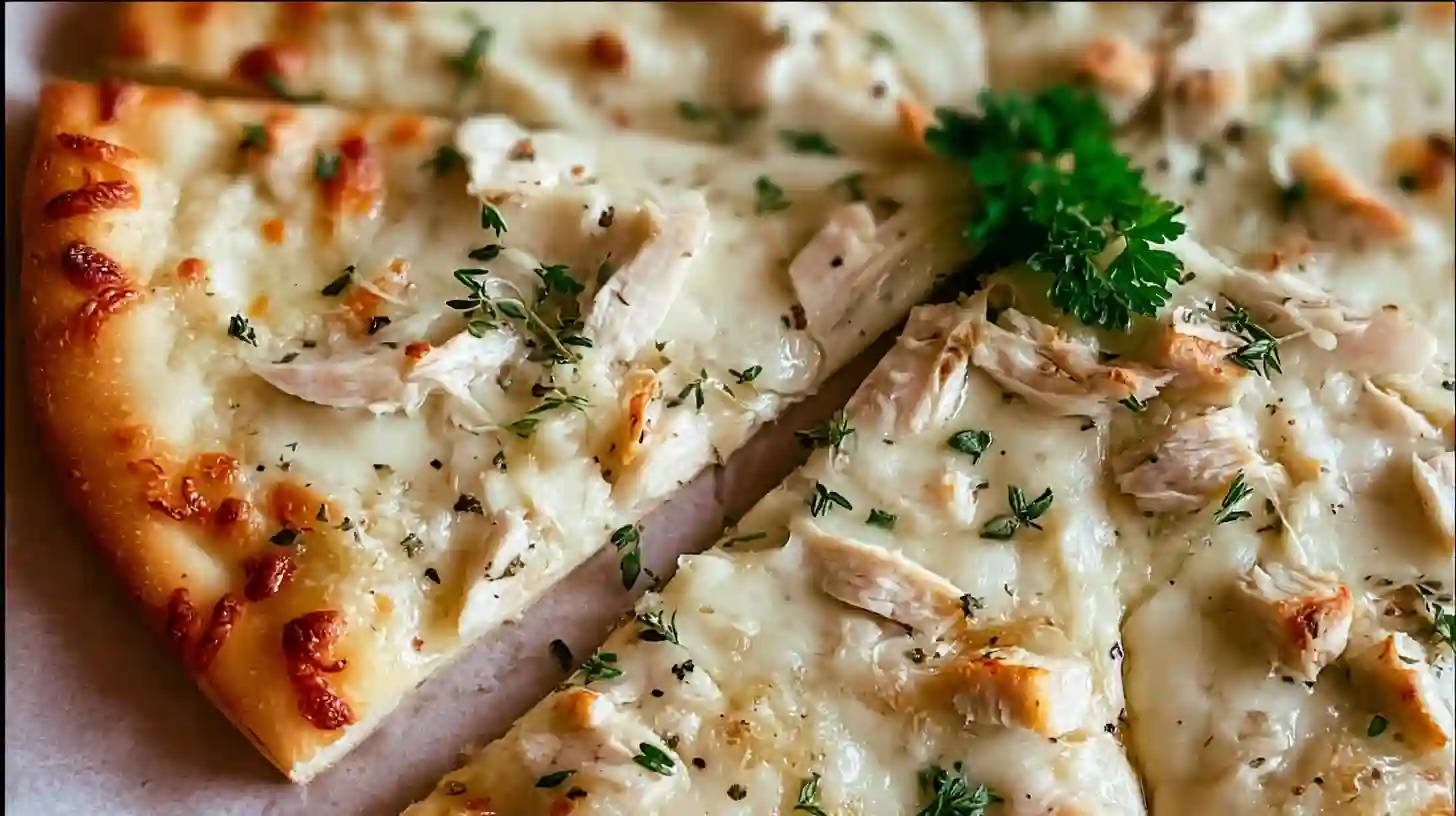 best-roasted-garlic-white-chicken-pizza-step4-finish-serve Best roasted garlic white chicken pizza finished with thyme, oregano, and parsley – sliced and ready to serve as an easy homemade Italian dinner.