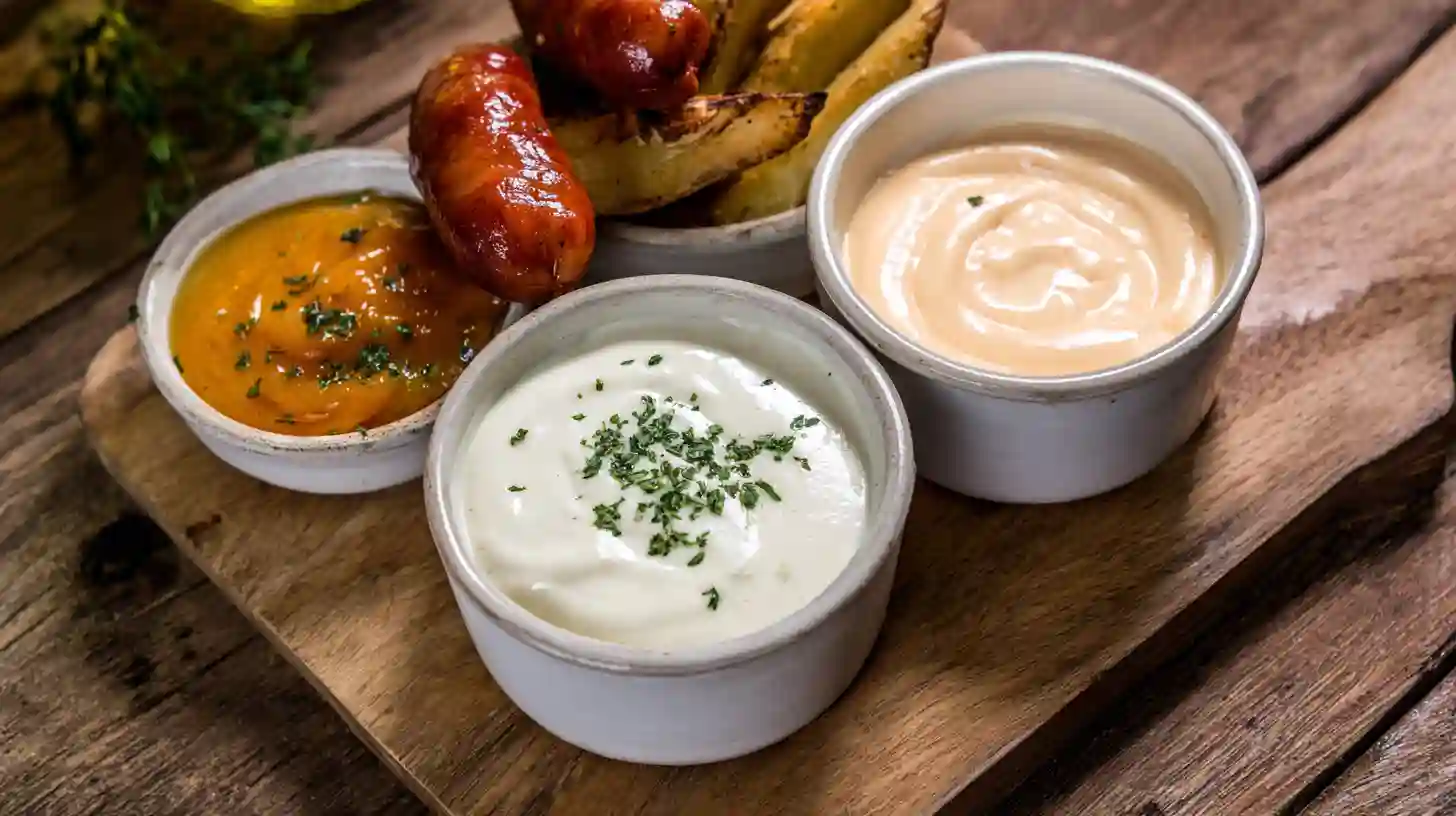 best-sauces-for-sweet-savory-sausage-potatoes Best sauces for Sweet and Savory Glazed Sausage and Potatoes – creamy garlic Parmesan dip, honey mustard, and spicy Sriracha mayo.