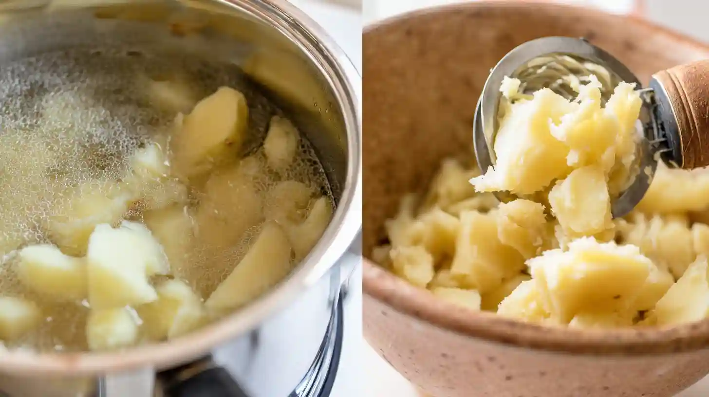 boil-and-mash-potatoes-for-stuffed-nests Boiling and mashing Russet potatoes for stuffed mashed potato nests recipe, a high-protein potato recipe perfect for quick and cheap meals