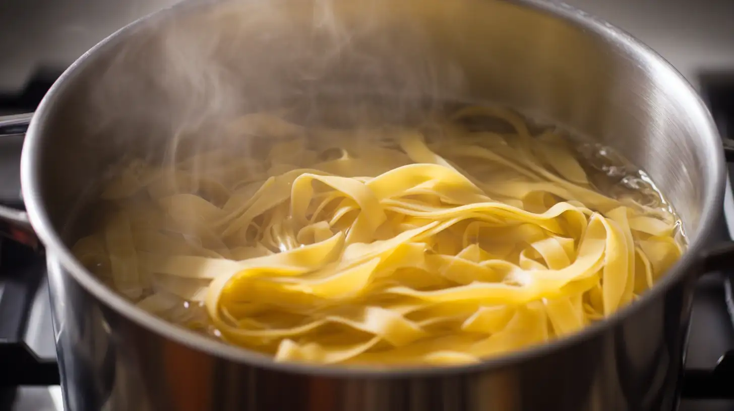 boiling-fettuccine-pasta-loaded-bacon-cheeseburger-alfredo Boiling fettuccine pasta in salted water for loaded bacon cheeseburger Alfredo pasta, step-by-step comfort food recipe